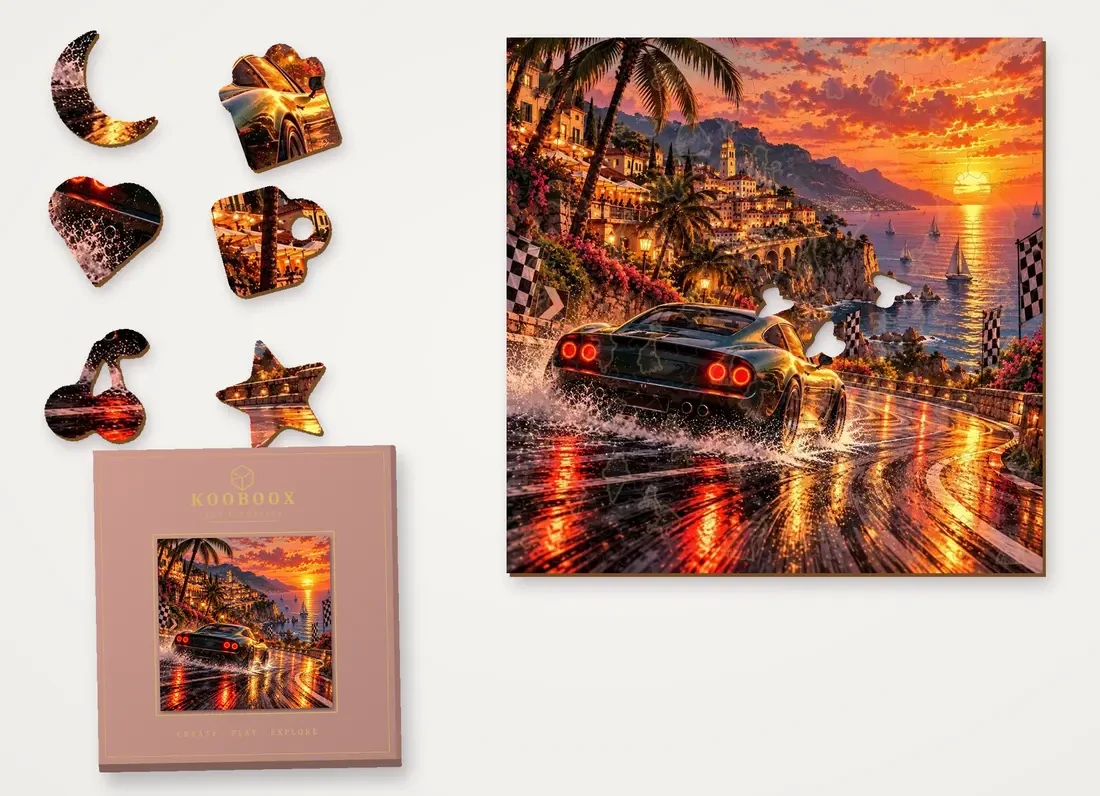 Coastal Sunset Drift puzzle with figure pieces and the gift box