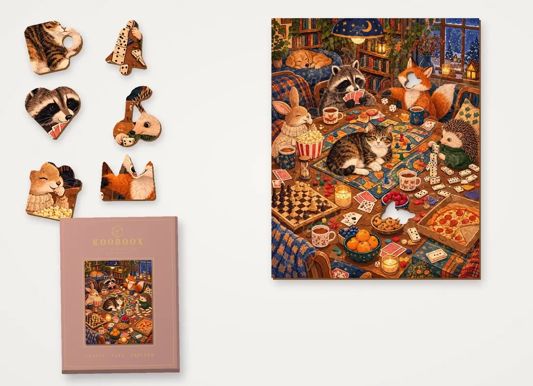 Game Night at the Burrow puzzle with figure pieces and the gift box