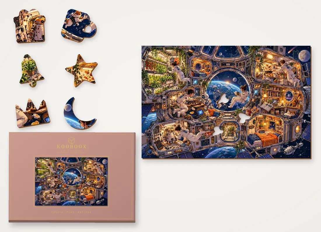 Home Among the Stars puzzle with figure pieces and the gift box