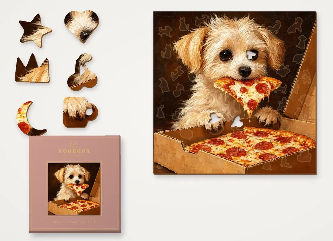 Pizza Thief puzzle with figure pieces and the gift box