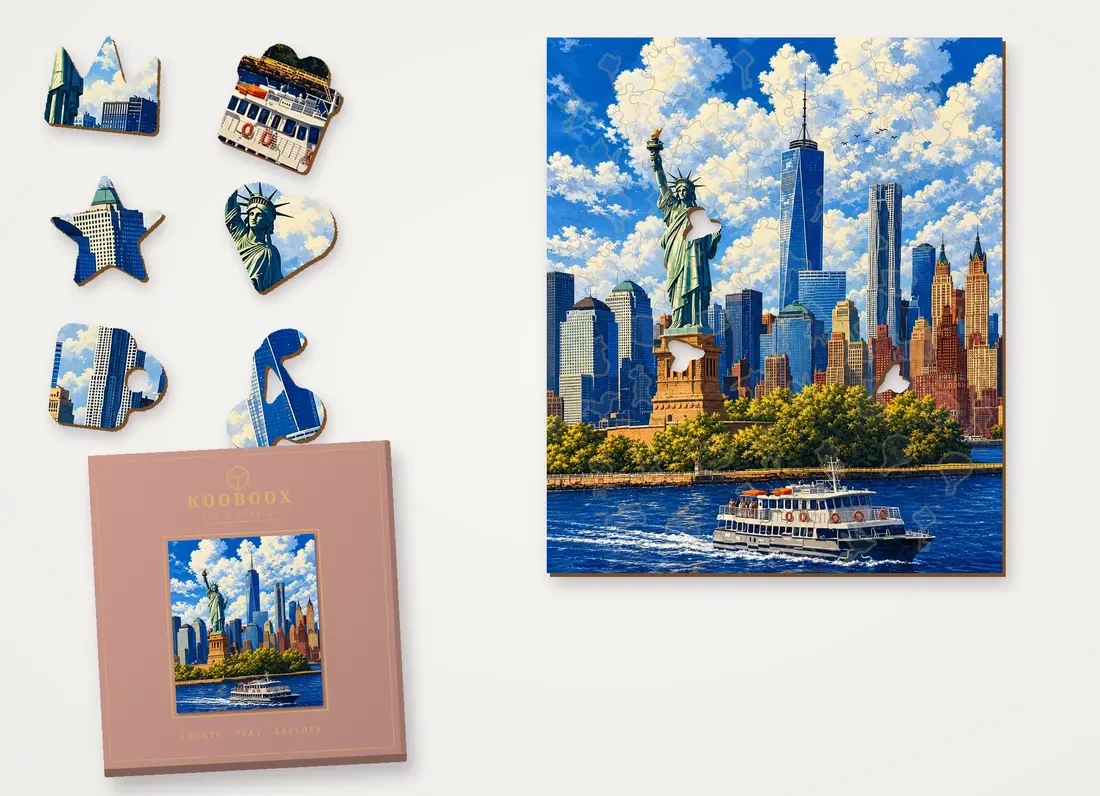 New York Skyline puzzle with figure pieces and the gift box