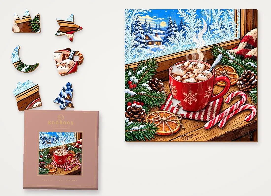 Cocoa by the Window puzzle with figure pieces and the gift box