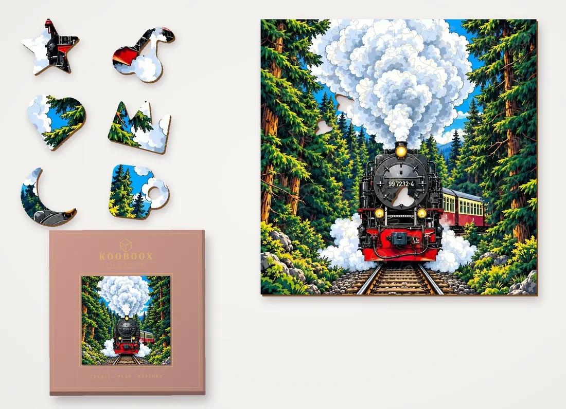 Forest Steam Train puzzle with figure pieces and the gift box